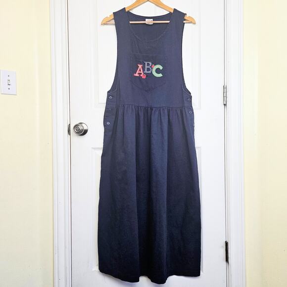 Vintage 90s ABCs Apples Teacher Maxi Dress Jumper Gingham Navy Size M Embroidery - Picture 1 of 9